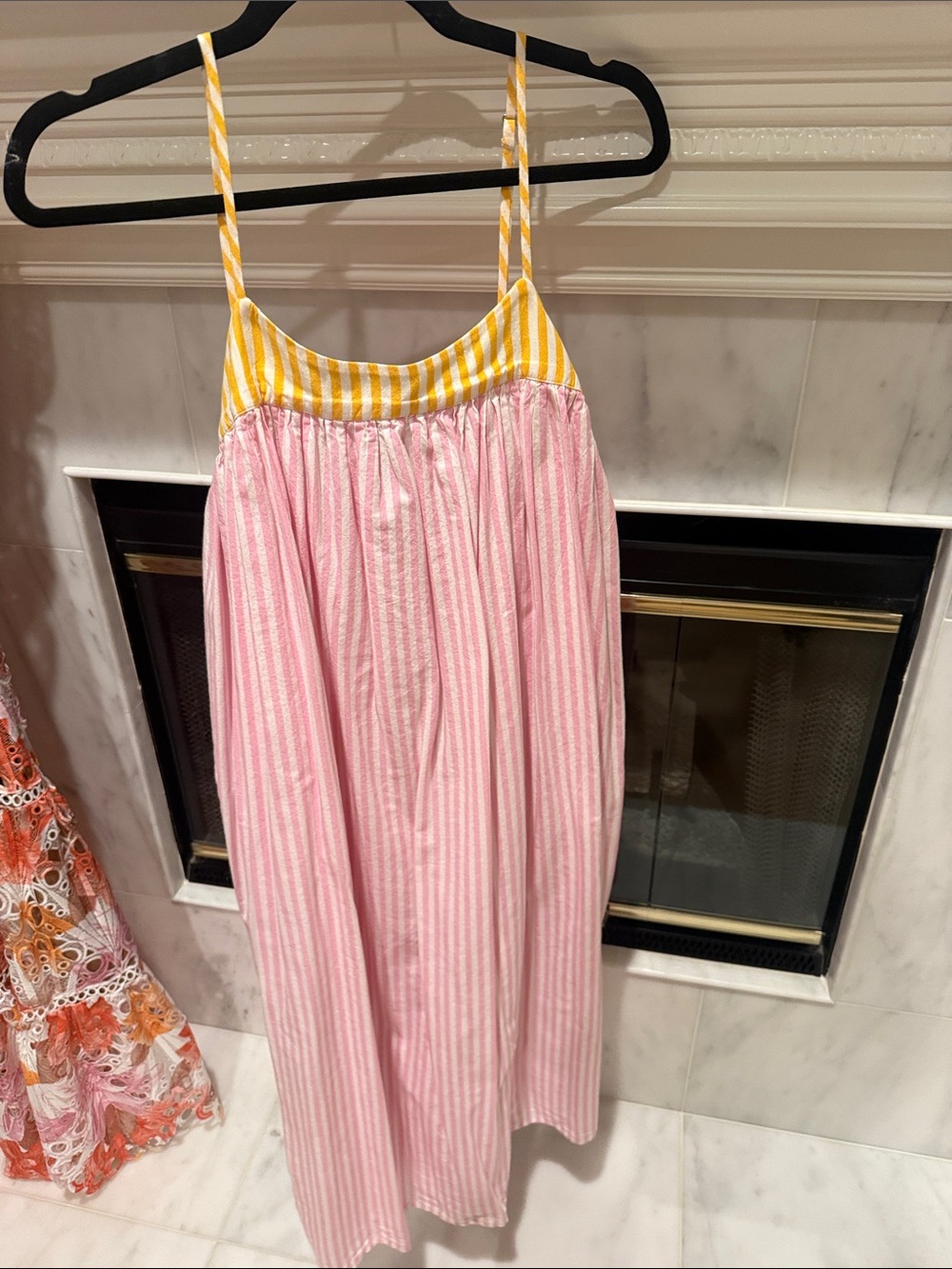 Striped Pink Midi Sundress with Yellow Contrast Yoke